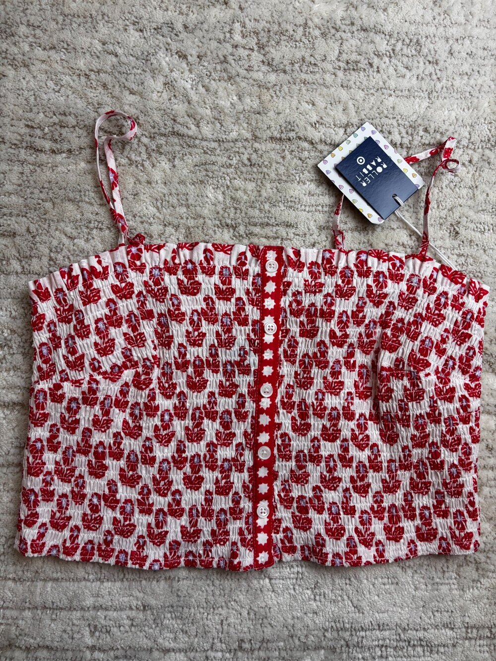 NWT Roller Rabbit Smocked Floral Crop Cami Top Red White Size L